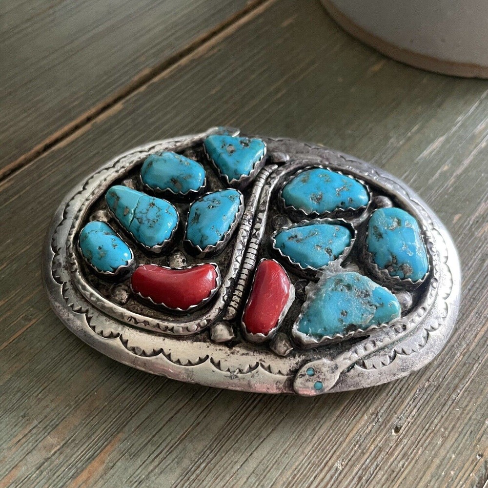 Rare Vintage Effie C Calavaza Turquoise and Coral Sterling Belt Buckle - Picture 1 of 14
